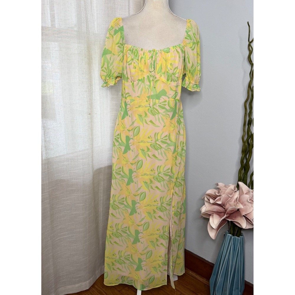 NWT Hello Molly Everyday Girl Midi Dress Tropical Leaf Puff Sleeve Yellow XL